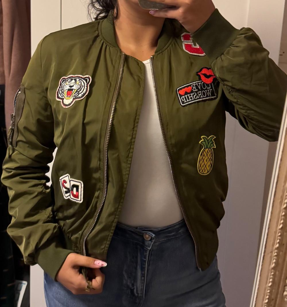 Kaki/Dunkelgrüne Patch Bomberjacke Y2K / Streetwear