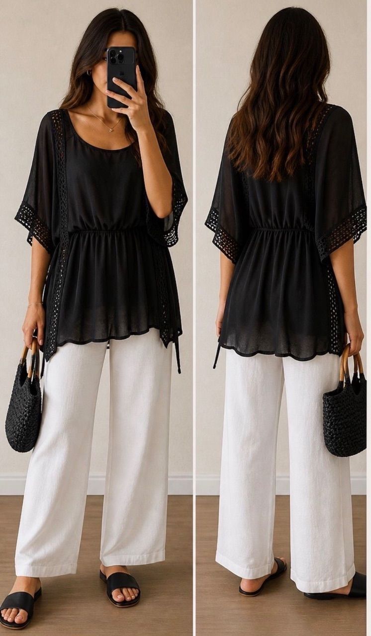 Elegante schwarze Tunika mit Lochstickerei Size L