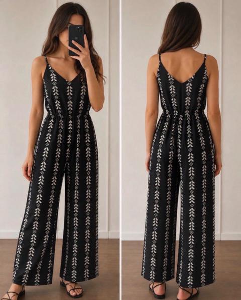 Damen Jumpsuit Schwarz mit weißem Blattmuster Size S