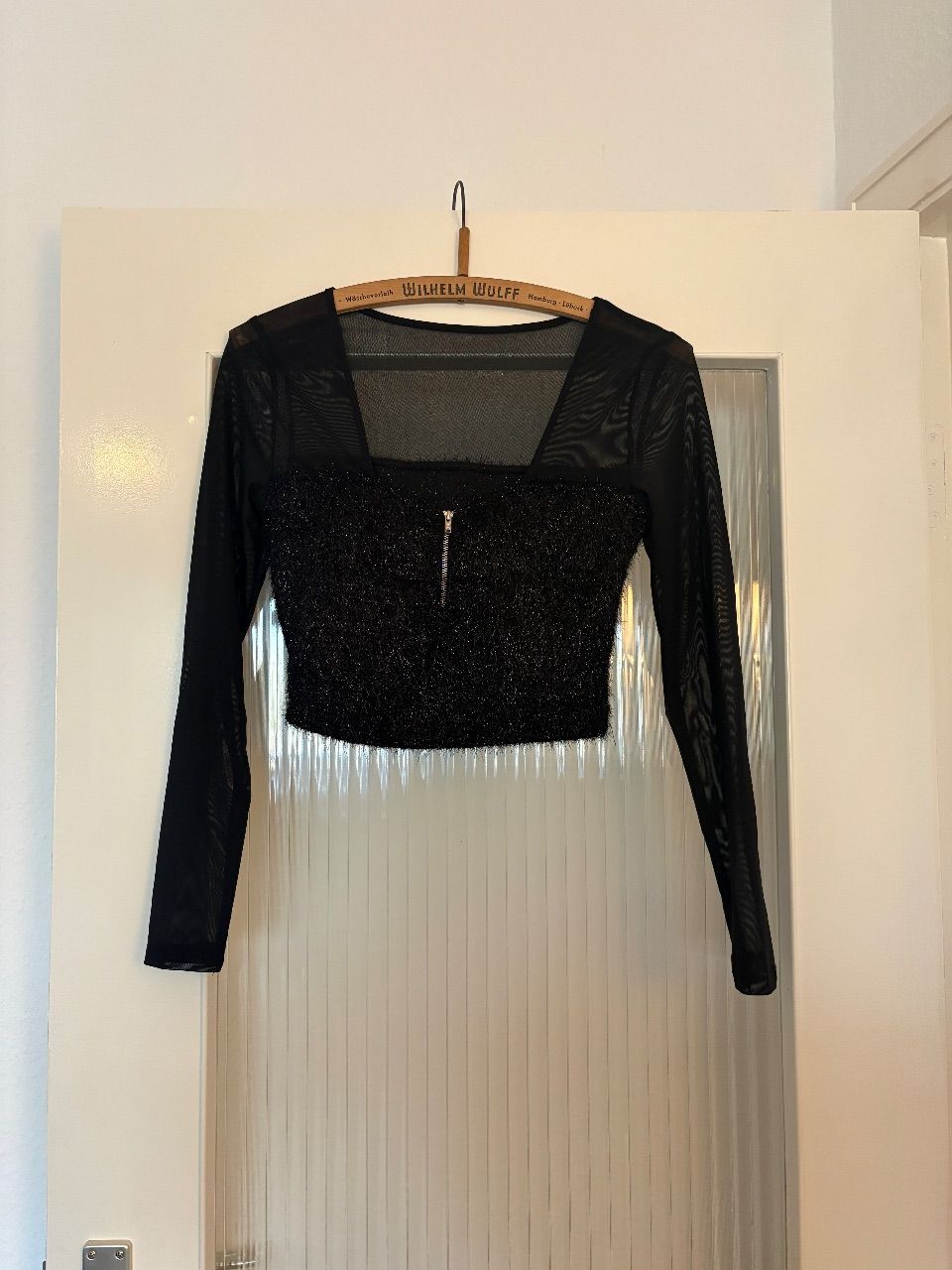Shein Schwarzes Crop Top Mesh Glitzer S Langarm Size S