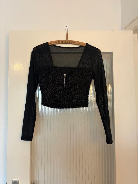 Shein Schwarzes Crop Top Mesh Glitzer S Langarm Size S