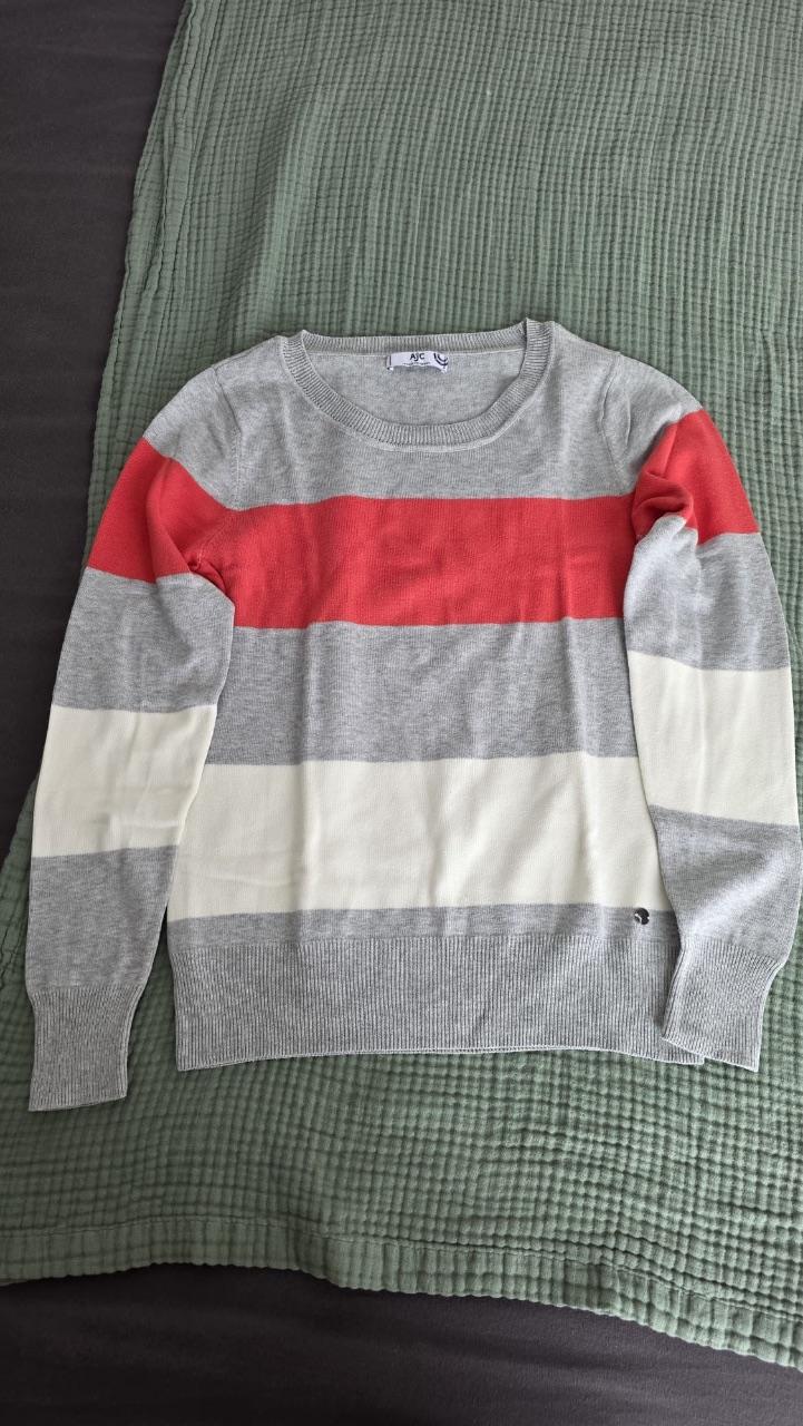 AJC Damen Strickpullover gestreift Grau Rot Creme