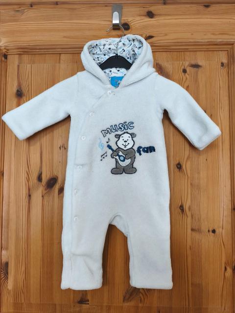 Topolino Topolino Baby Strampler Einteiler Fleece mit Kapuze weiß Gr. 56 Musik Bär Size 56