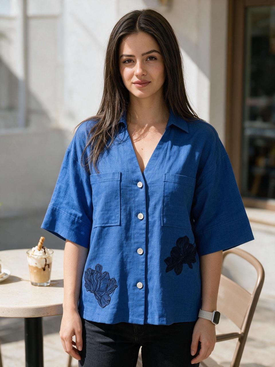Damen Zara Jeans Bluse s blau