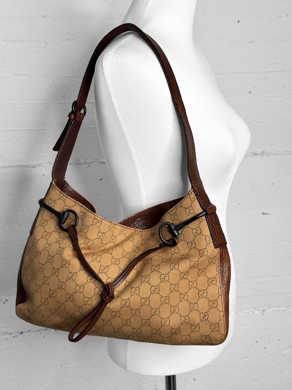 Gucci Gucci GG Monogram Canvas Horsebit Drawstring Hobo Shoulder Bag