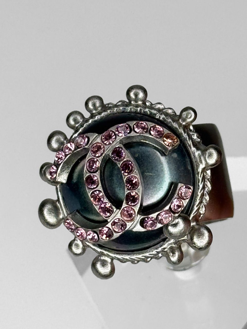 Chanel Chanel Pink Crystal CC Logo Dark Iridescent Pearl Dome Ring