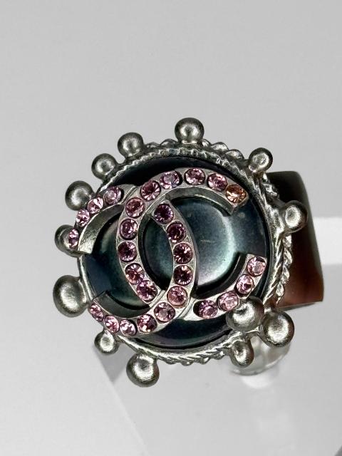 Chanel Chanel Pink Crystal CC Logo Dark Iridescent Pearl Dome Ring