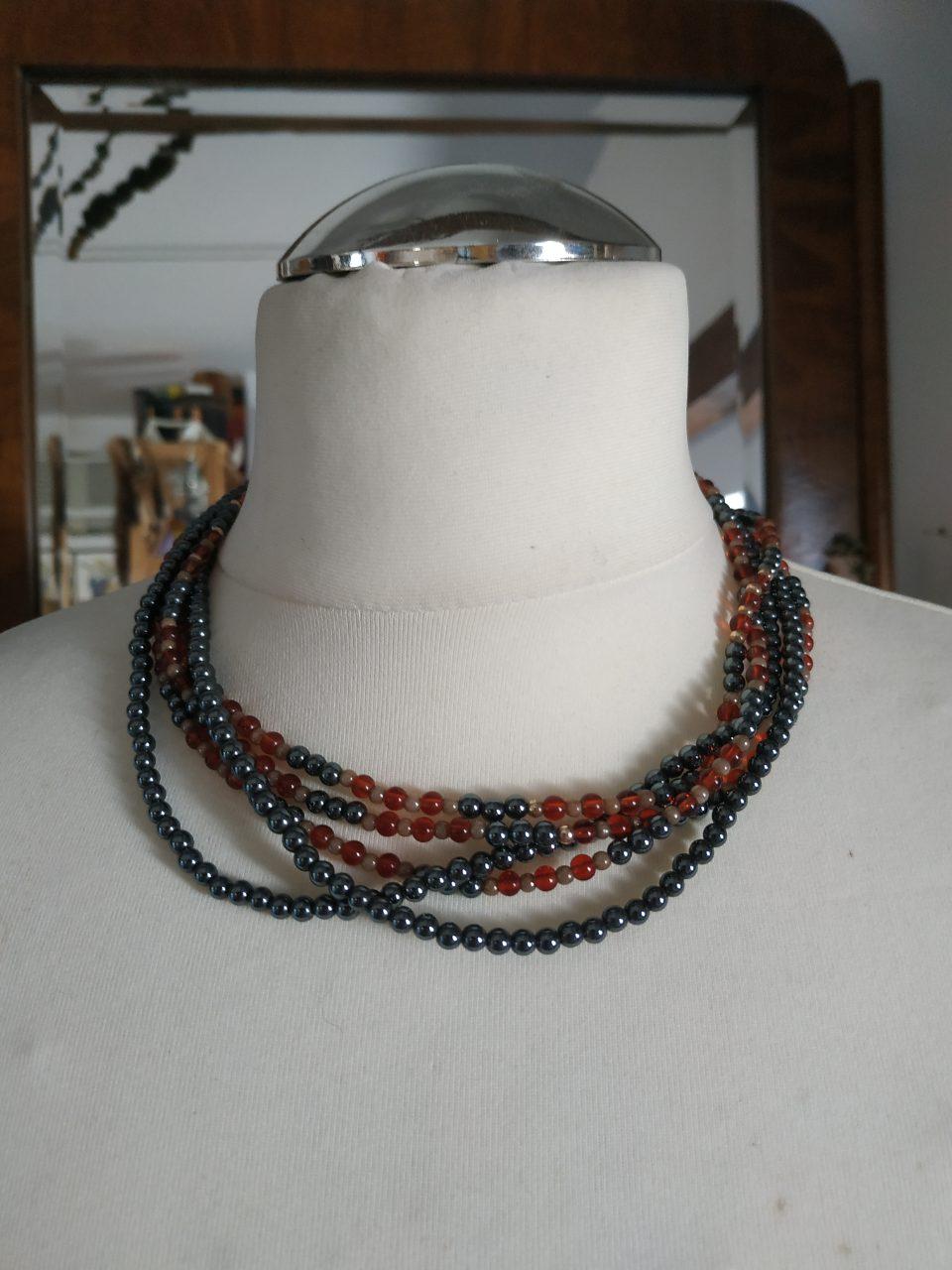 Vintage Halskette mit Halbedelstein und Glasperlen 4fach