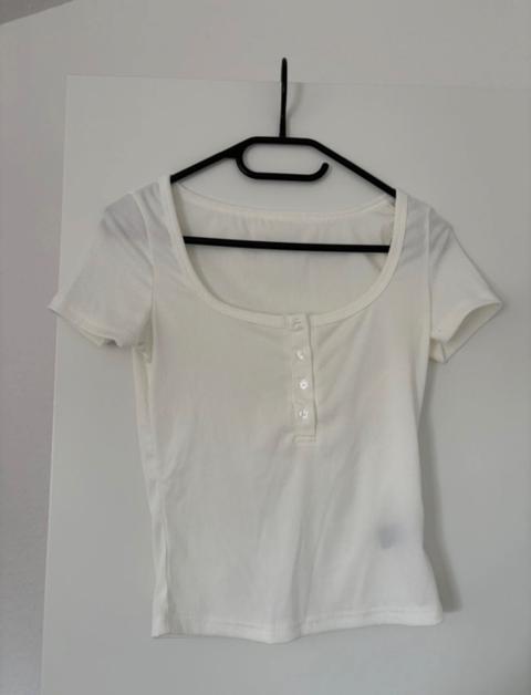 Ohne Marke Weißes geripptes Kurzarm-Top mit Knöpfen Size L