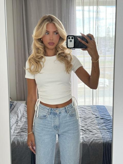 Zara ZARA Rib-Top Weiß mit Raffung & Bändern Gr. S Y2K Crop Top Size S
