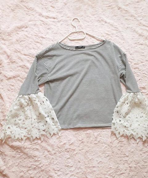 Mango Mango Cropped Shirt Gr. S - gestreift mit Häkelspitze-Ärmeln – Sehr gut! Size S