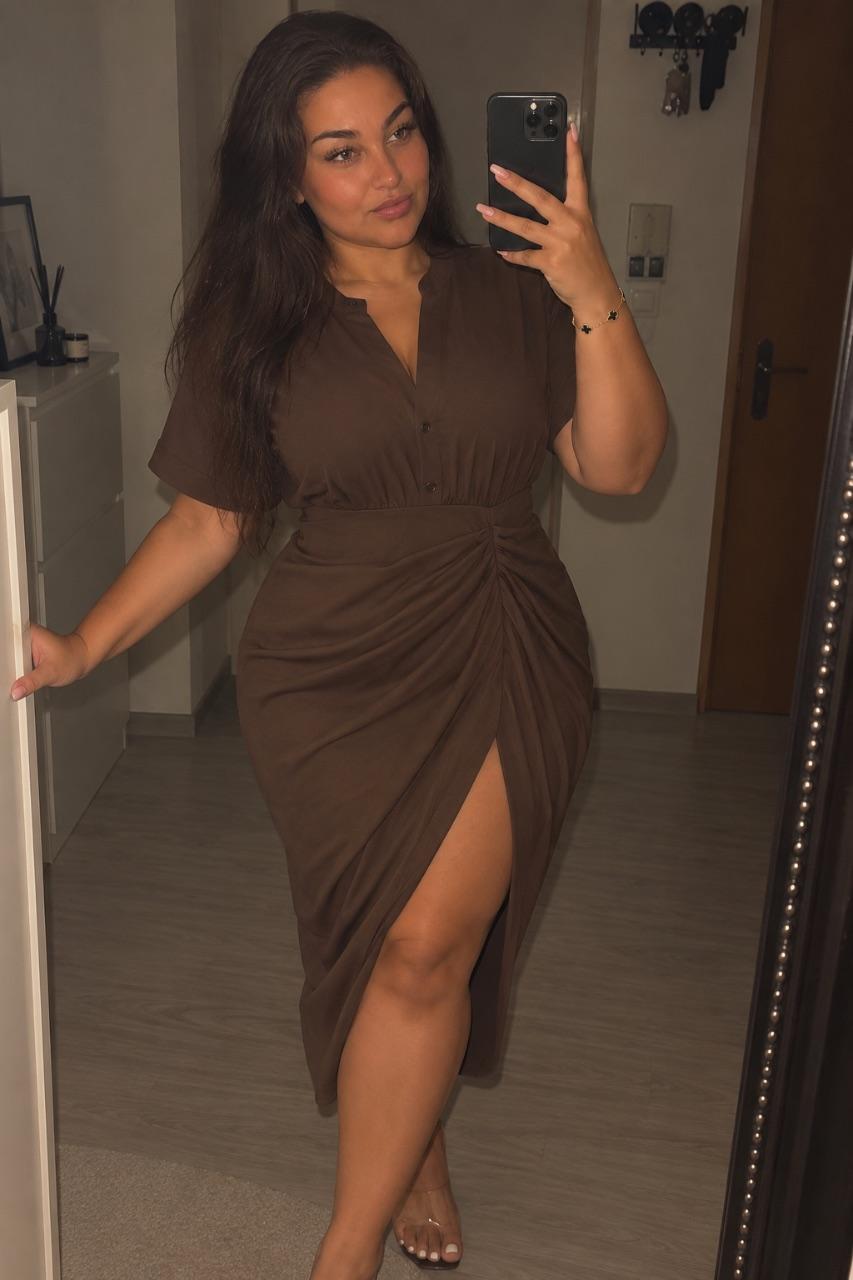 Braunes Wickel-Midi Kleid Gr.44 mit Schlitz Elegantes Abendkleid NEU