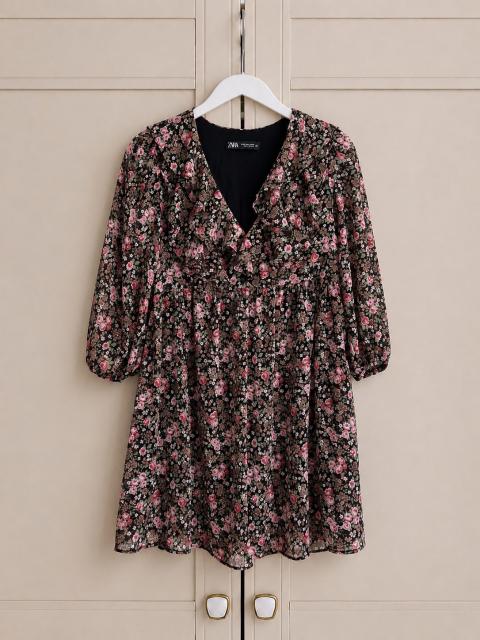 Zara Herbstliches Kleid, Langarm, Zara, Größe M, Blumenmuster, kürzere Ärmel, rosa Size M