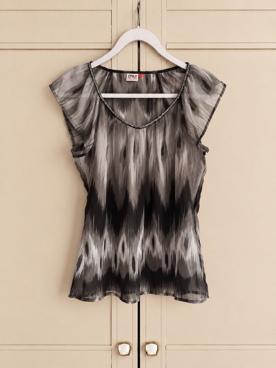Only Graue Bluse, gemustert, schwarz, Glitzer, Only, Größe 36, transparent, y2k Size 36