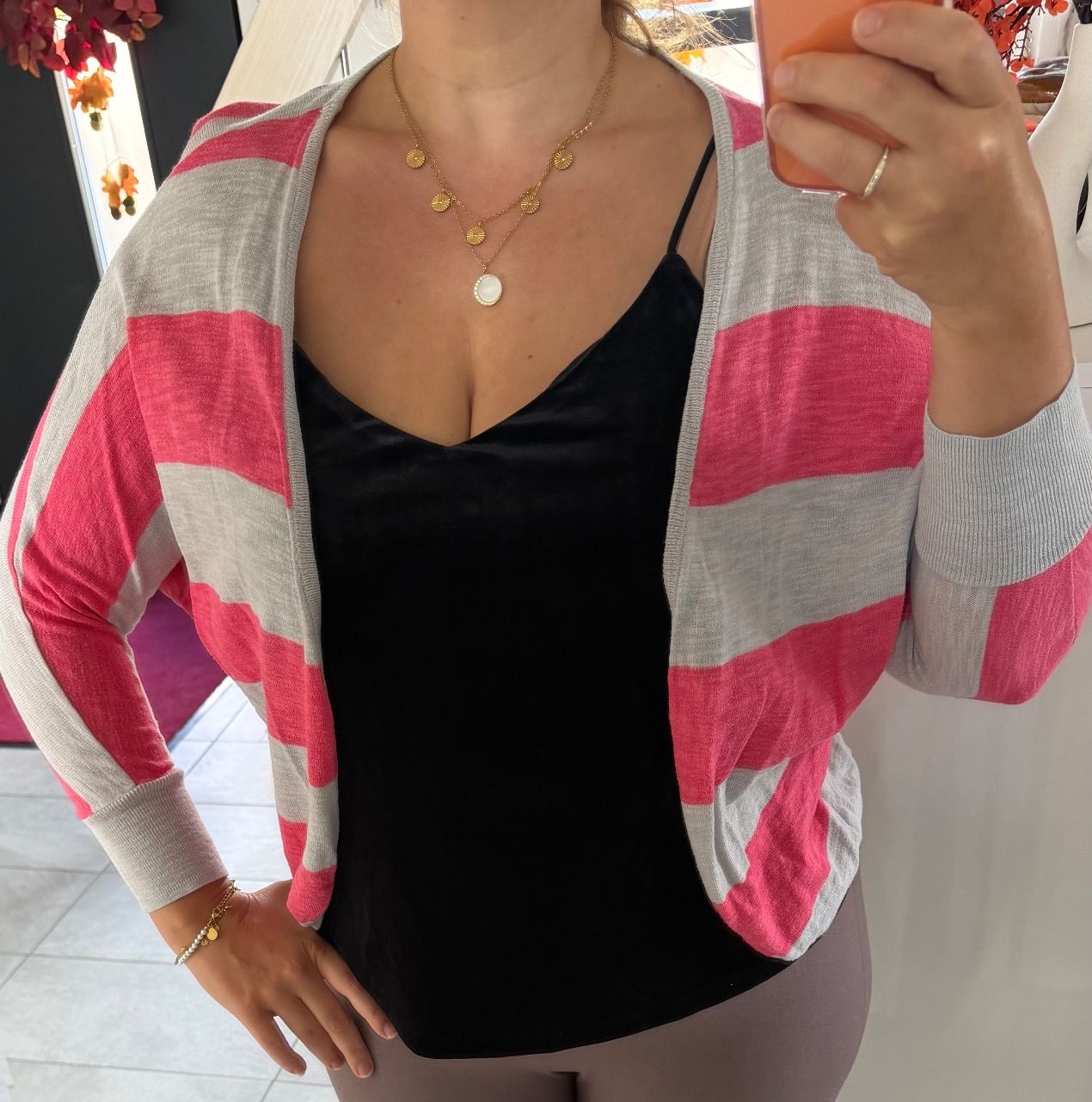 H&M Offener Cardigan Blockstreifen, Grau/Pink, Gr. 38 Size 38