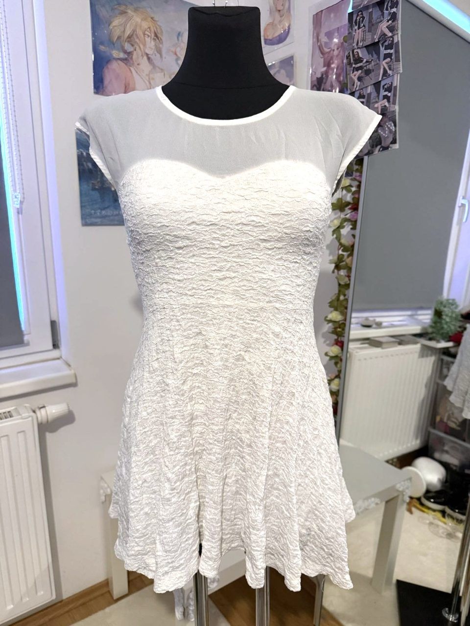 Ohne Marke Spitzenkleid weiß | Korea Import | Gr. XS/S | Struktur-Stoff & Mesh Details Size S
