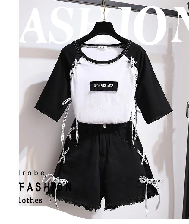 Ohne Marke Damen Sommer Outfit - Schwarzes Kurzarmshirt & Shorts mit Schnürdetails Size S