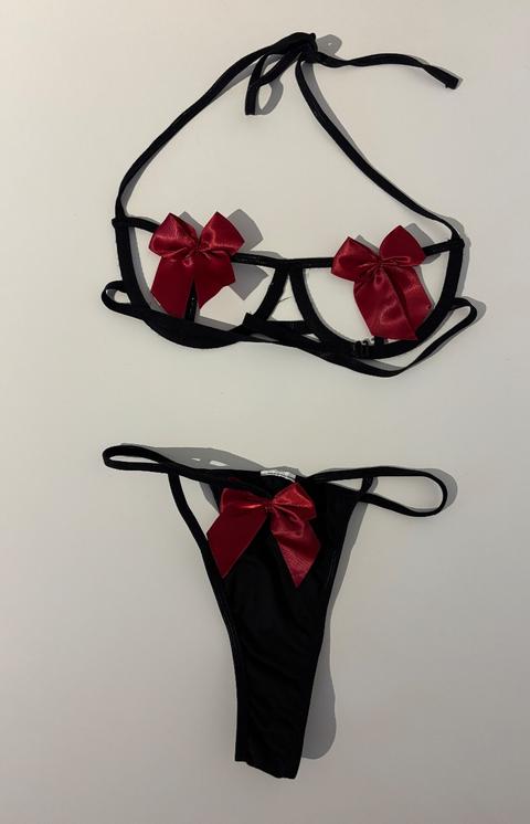 Ohne Marke Schwarzes Dessous Set mit roten Schleifen Size S