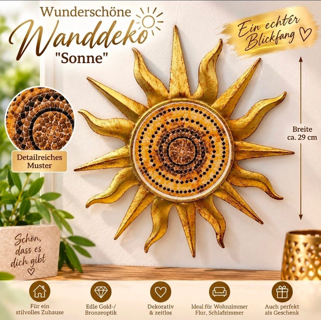 Wanddeko Sonne 29cm Gold Metall Mosaik Wandbild (Kopie) (Kopie)