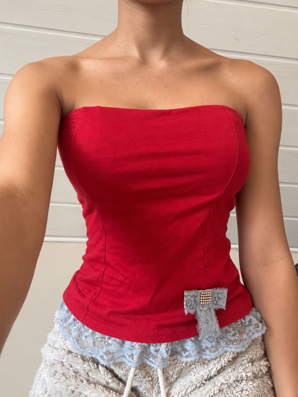 Coquette cami denim Tube top mit Glitzer schleife und Spitze layered bandeau top Size S