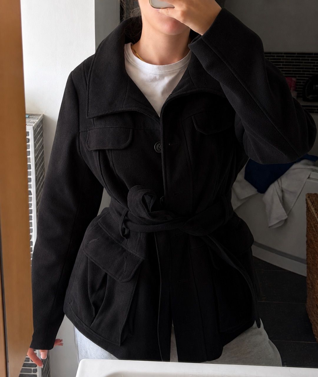 H&M Schwarzer Mantel Herbst Jacke Trenchcoat  Size 44