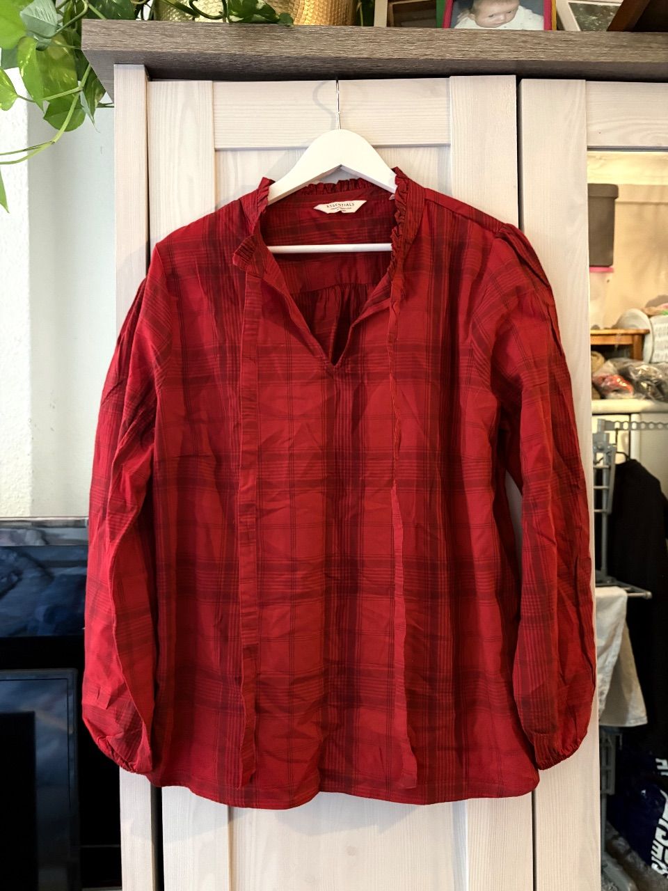 Tchibo Rote Karo-Damenbluse / Tunika mit Rüschen – Gr. 44 (Essentials) Size XXL
