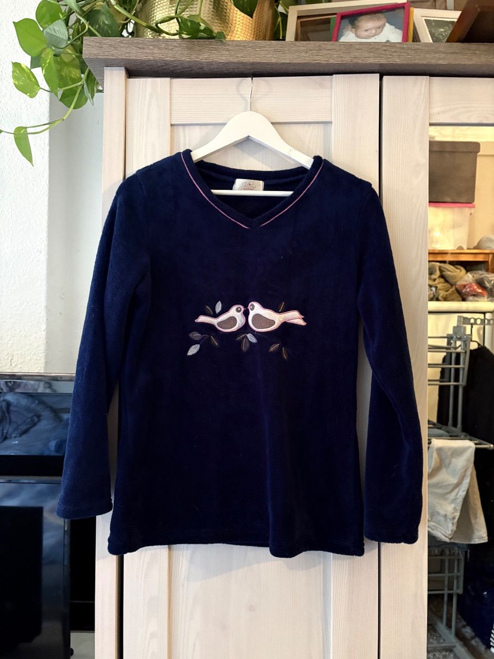 Joliena Kuscheliger Damen-Fleece-Pullover / Kuschelpulli – Blau mit Vogel-Applikation, G Size L