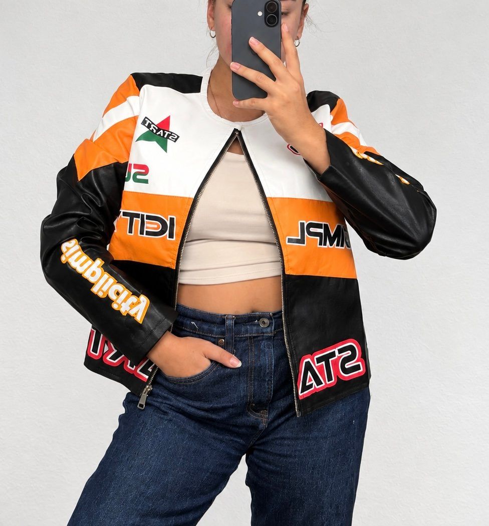 Ohne Marke Kurze Racing Style Kunstlederjacke – Y2K Moto Racer Jacket Cropped Size M