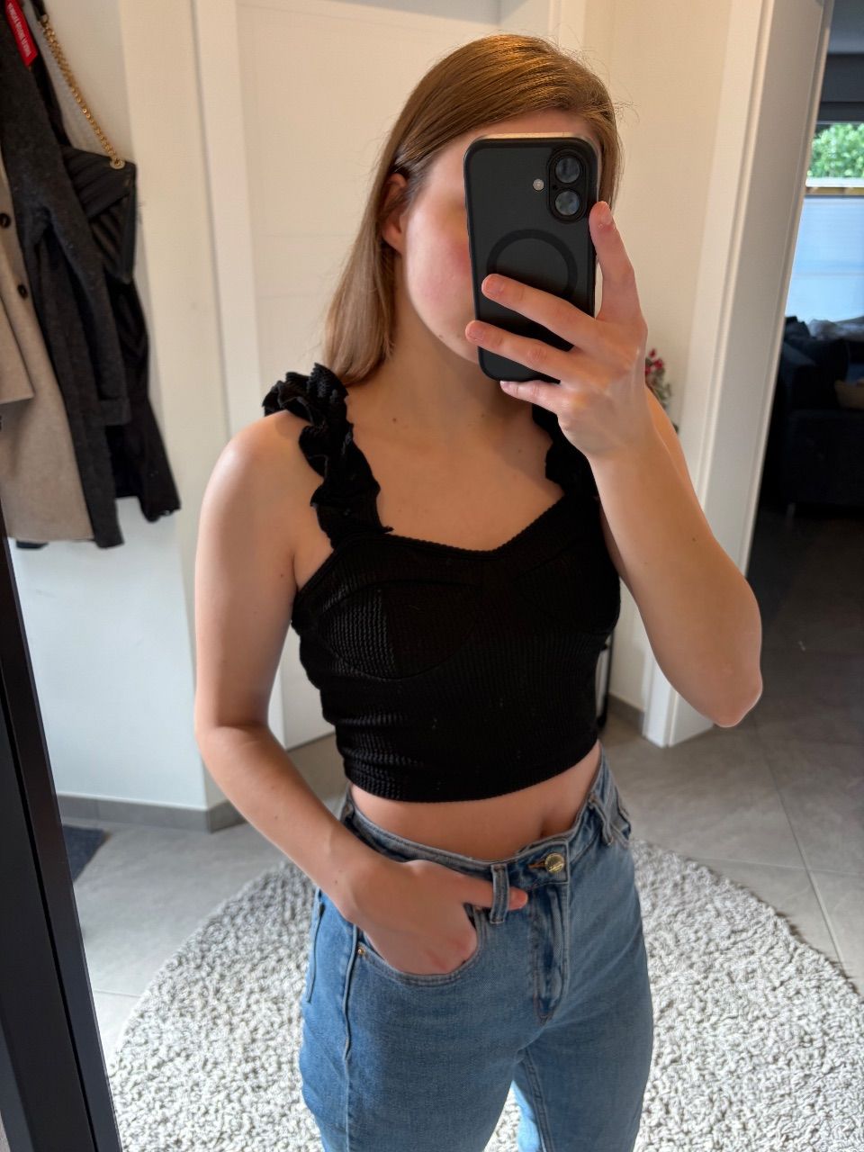 Shein  Süßes Top mit Rüschen schwarz cropped Size S