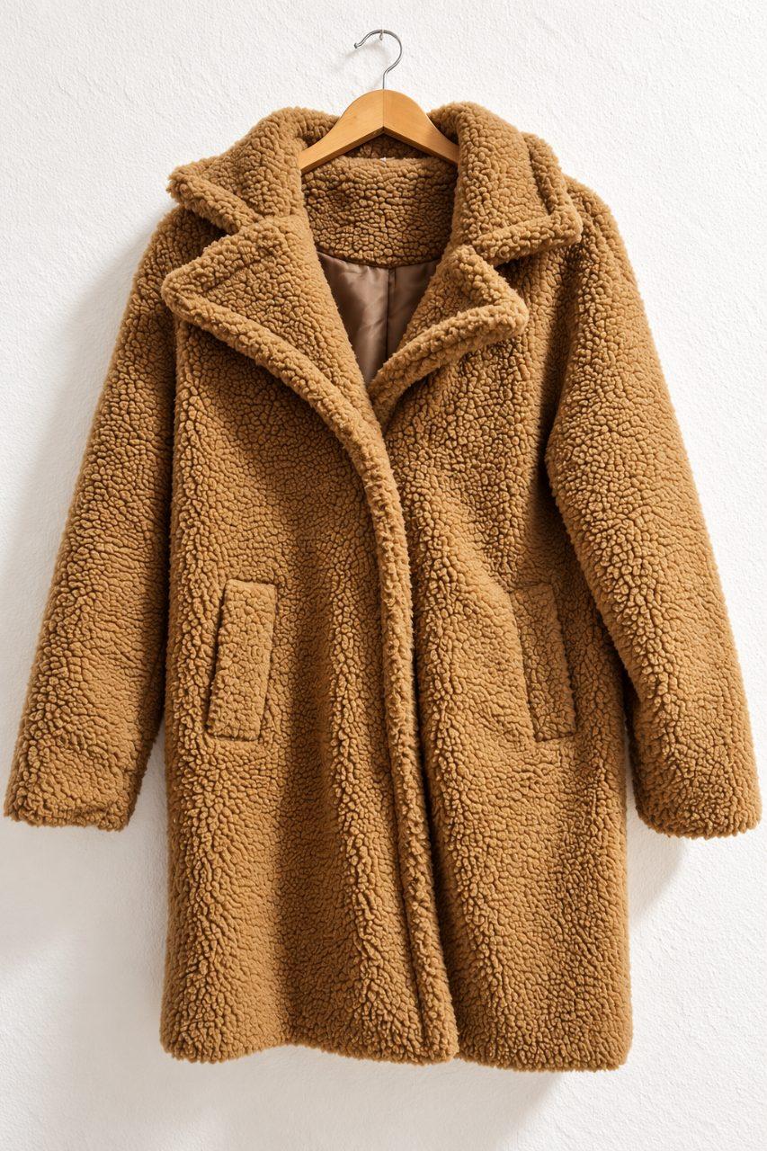 Teddy Mantel Damen Braun Camel | Everme Gr. 34/36 | Kuschelmantel Wintermantel Ü