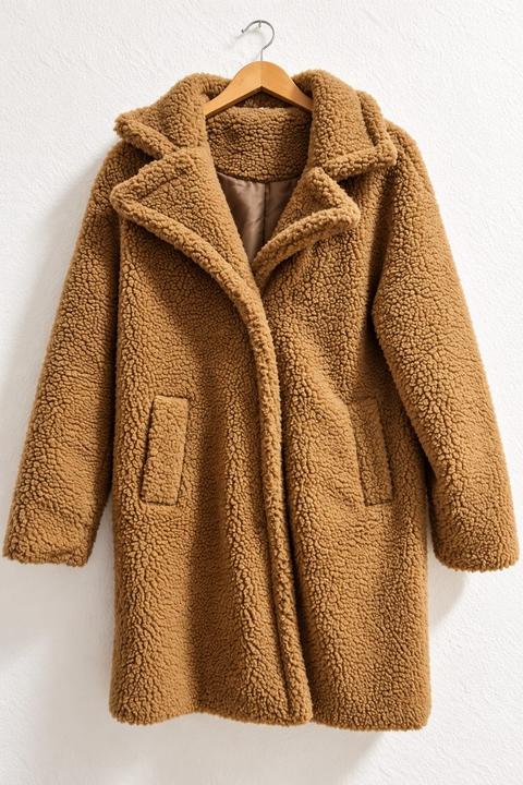 Teddy Mantel Damen Braun Camel | Everme Gr. 34/36 | Kuschelmantel Wintermantel Ü