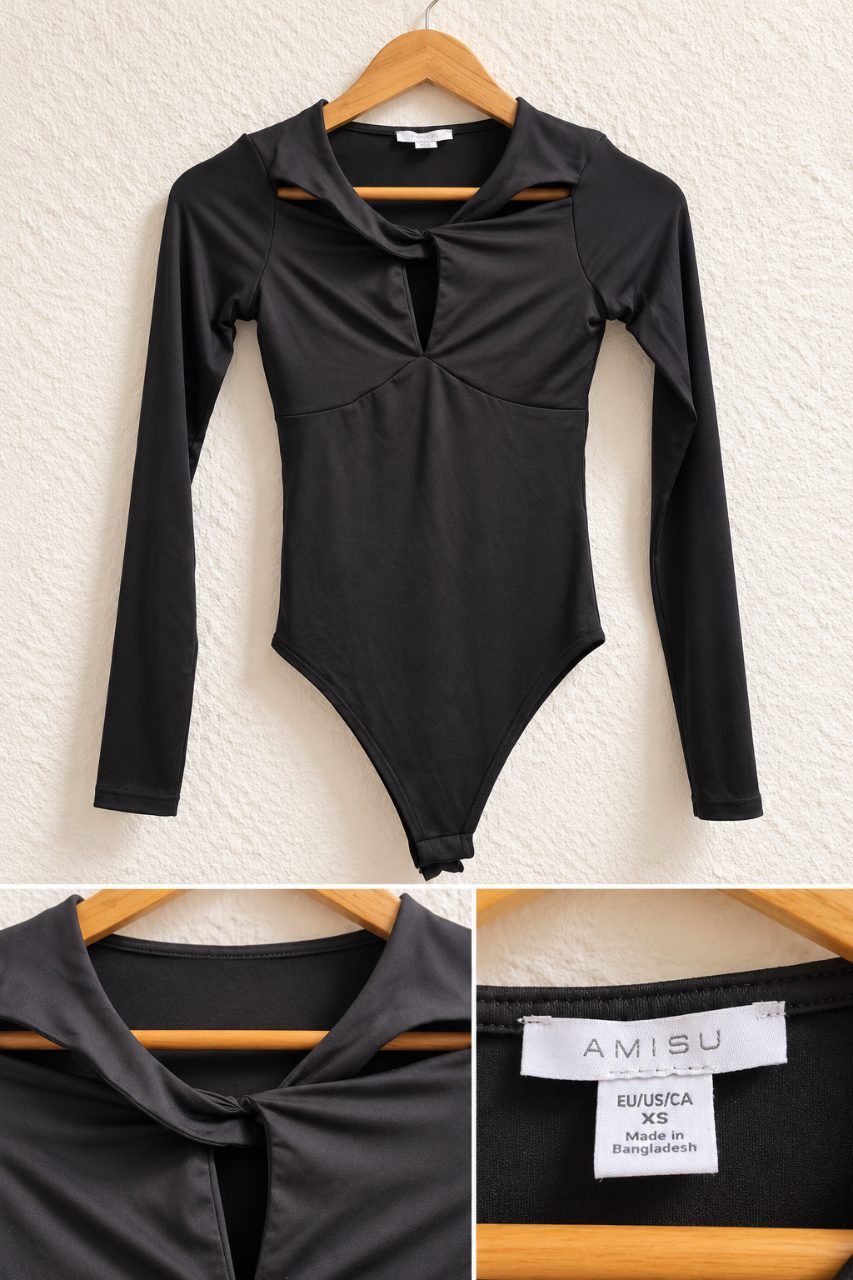 New Yorker  AMISU Damen Body XS Schwarz – Langarm Bodysuit mit Cut-Out & Raffungen – Elegant Size XS