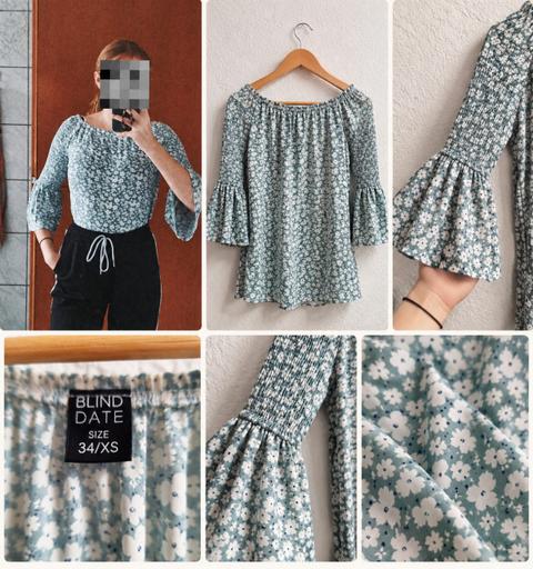 Blind Date Damen Bluse Gr. 34 XS – Grün Weiß Geblümt – Carmenbluse mit Volantärm