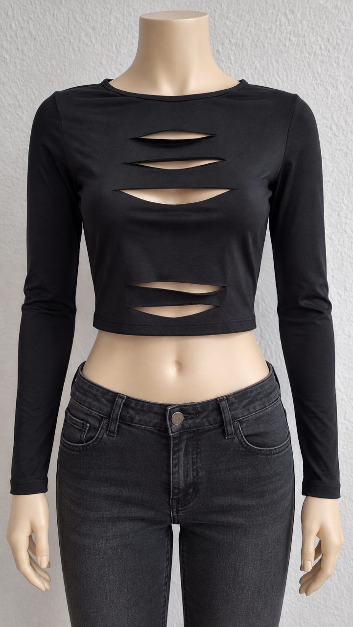 Halara Halara Crop Top Schwarz Gr. M Neu Cut-Out Langarm Oberteil Sport Ripped Size M