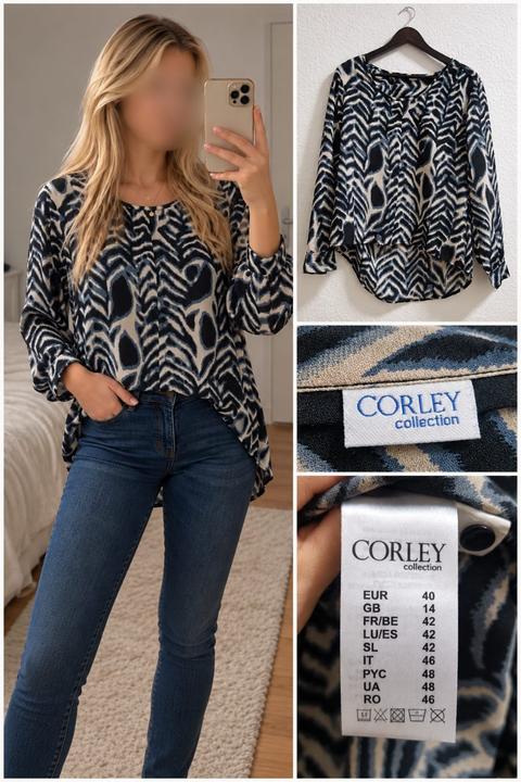Corley Collection Damen Bluse Gr. 40 – Blau Schwarz Beige – Animal Print Muster Size L
