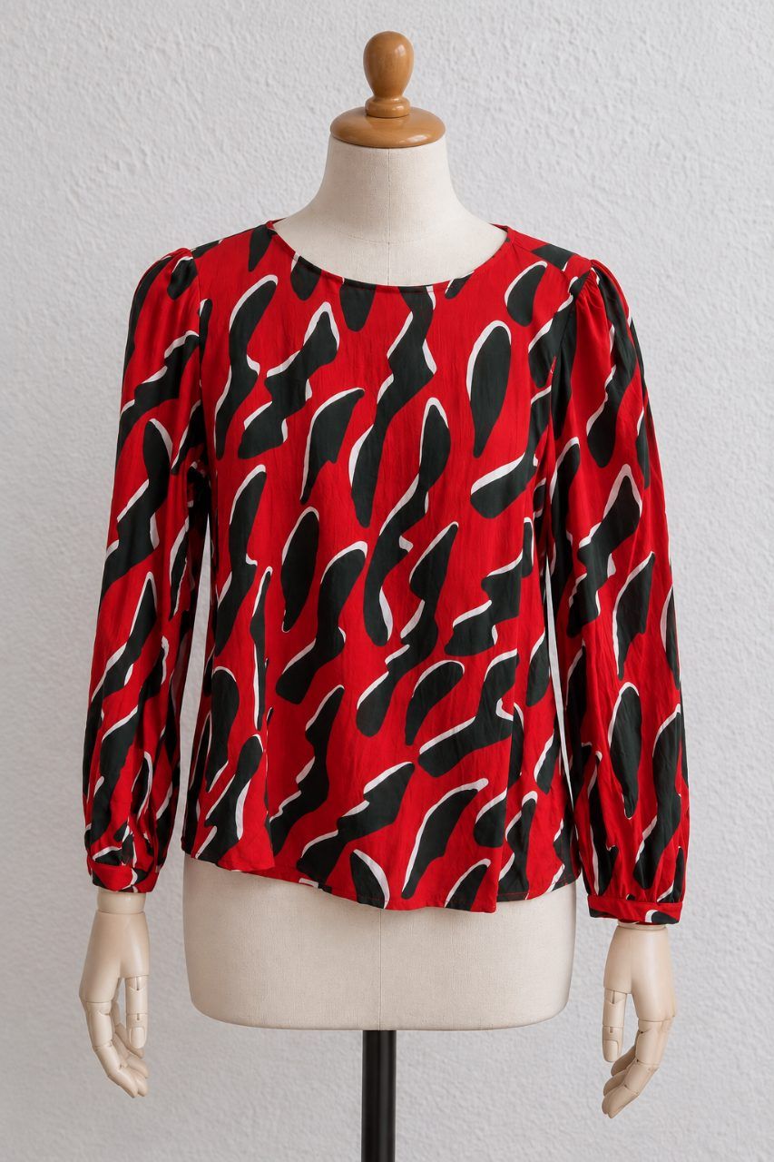 Q/S designed by s.Oliver Damen Bluse Gr. 40 Rot Schwarz Weiß Muster Langarm Shir Size L