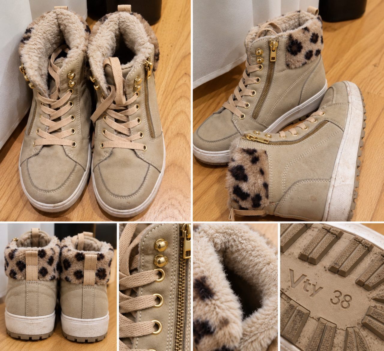 Vty Vty Damen Winterschuhe Gr. 38 – Gefütterte High Top Sneaker Beige mit Leo-Fell &