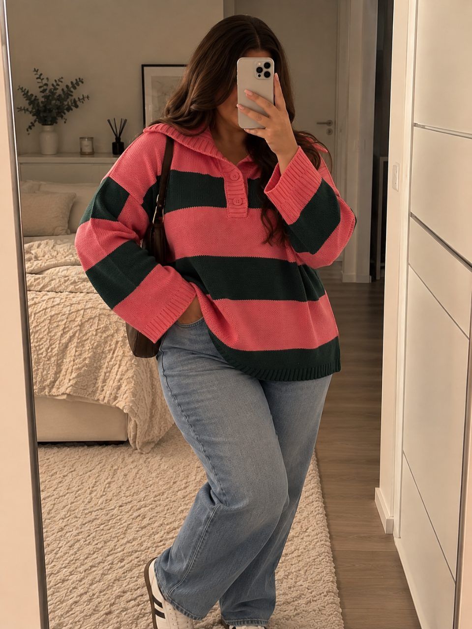 Bonprix Bonprix Pullover rosa grün Größe 52/54 Strickpullover Streifen Polo Kragen Size XXL