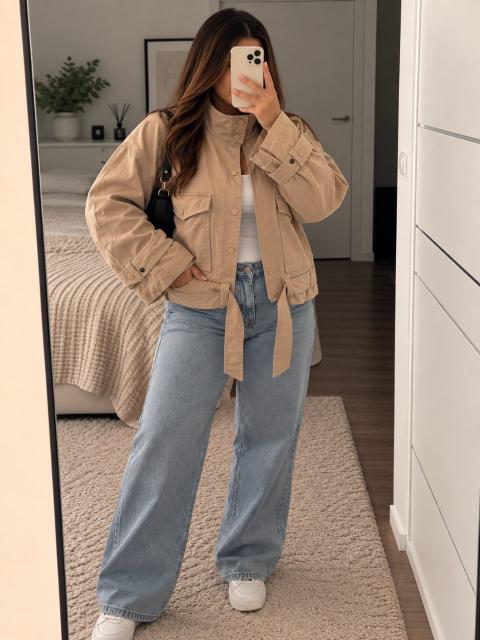 Bonprix Bonprix Jacke Beige Größe 48 Utility Twill-Jacke Oversized Übergangsjacke Tasche Size XXL