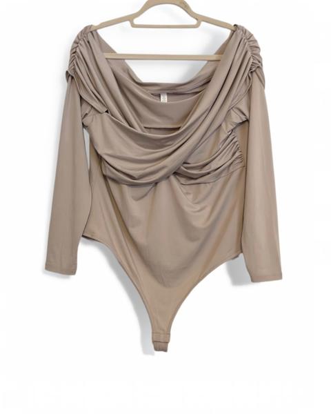 H&M Drapierter Off-Shoulder Body Tangabody Beige XL Wickelbody Langarm Bodysuit Size XL