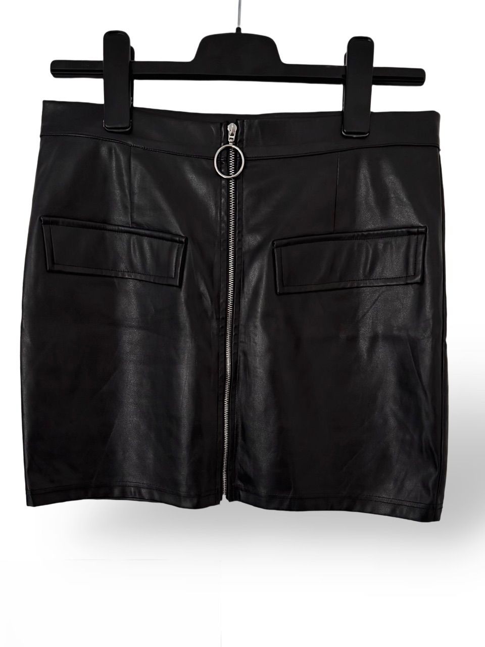 Shein Kunstleder Minirock L/40 Schwarz High Waist Ring-Zipper Front-Reißverschlu Size L