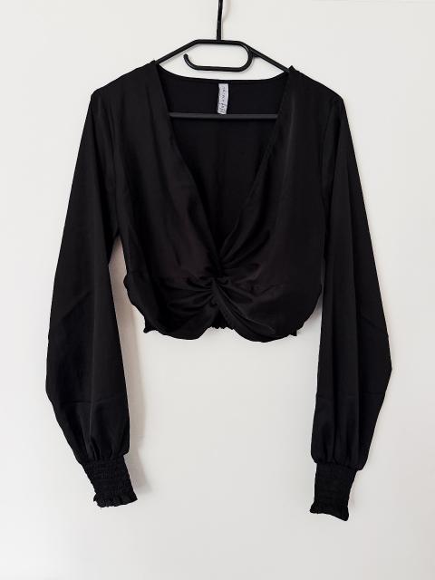 AMISU New Yorker Cropped-Bluse Satin-Look Schwarz M/38 Knoten Twist V-Ausschnitt