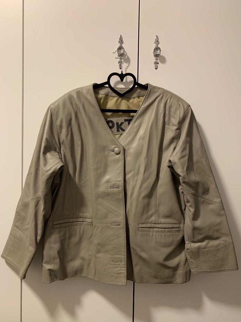 vintage Vintage Lederjacke ohne Kragen in Beige Taupe Size L