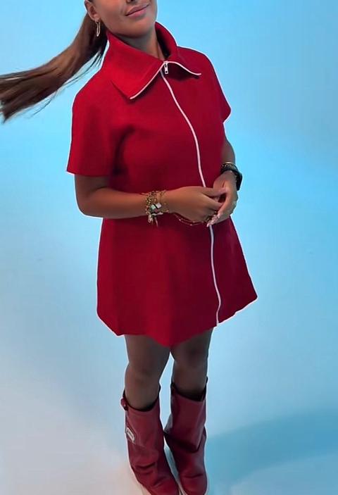 Ohne Marke Rotes Minikleid mit Reißverschluss und auffälligem Kragen Size Einheitsgröße