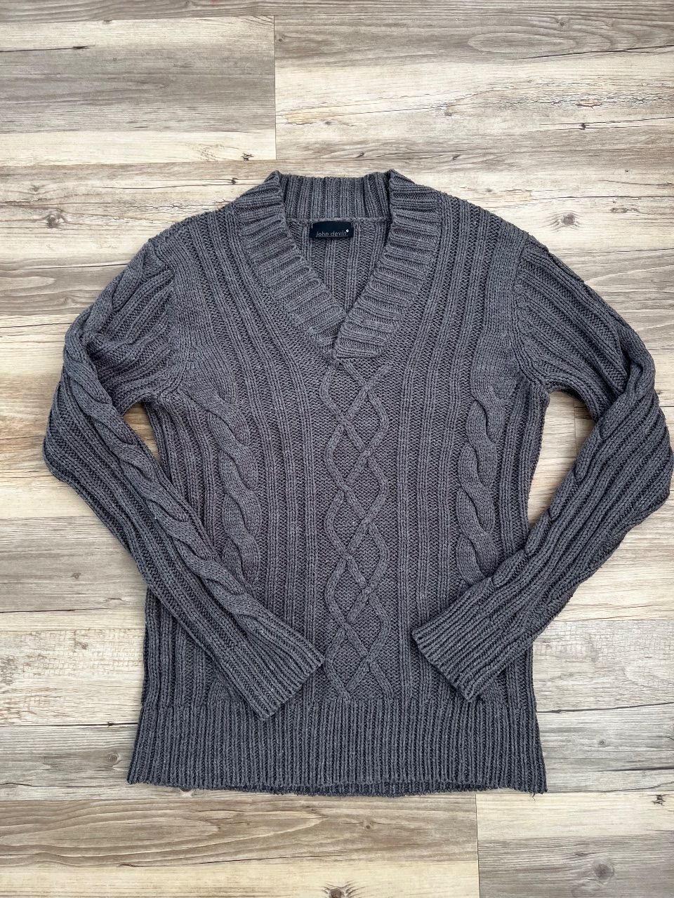 John Devin Herren Strickpullover S grau Zopfmuster V-Ausschnitt John Devin Size M