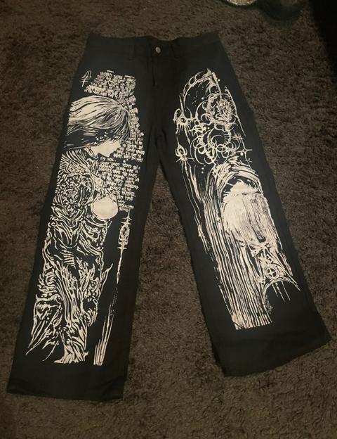 Japan style Gothic Grunge Jeans mit Anime Print - Alternative /Y2K/Darkwear Size L