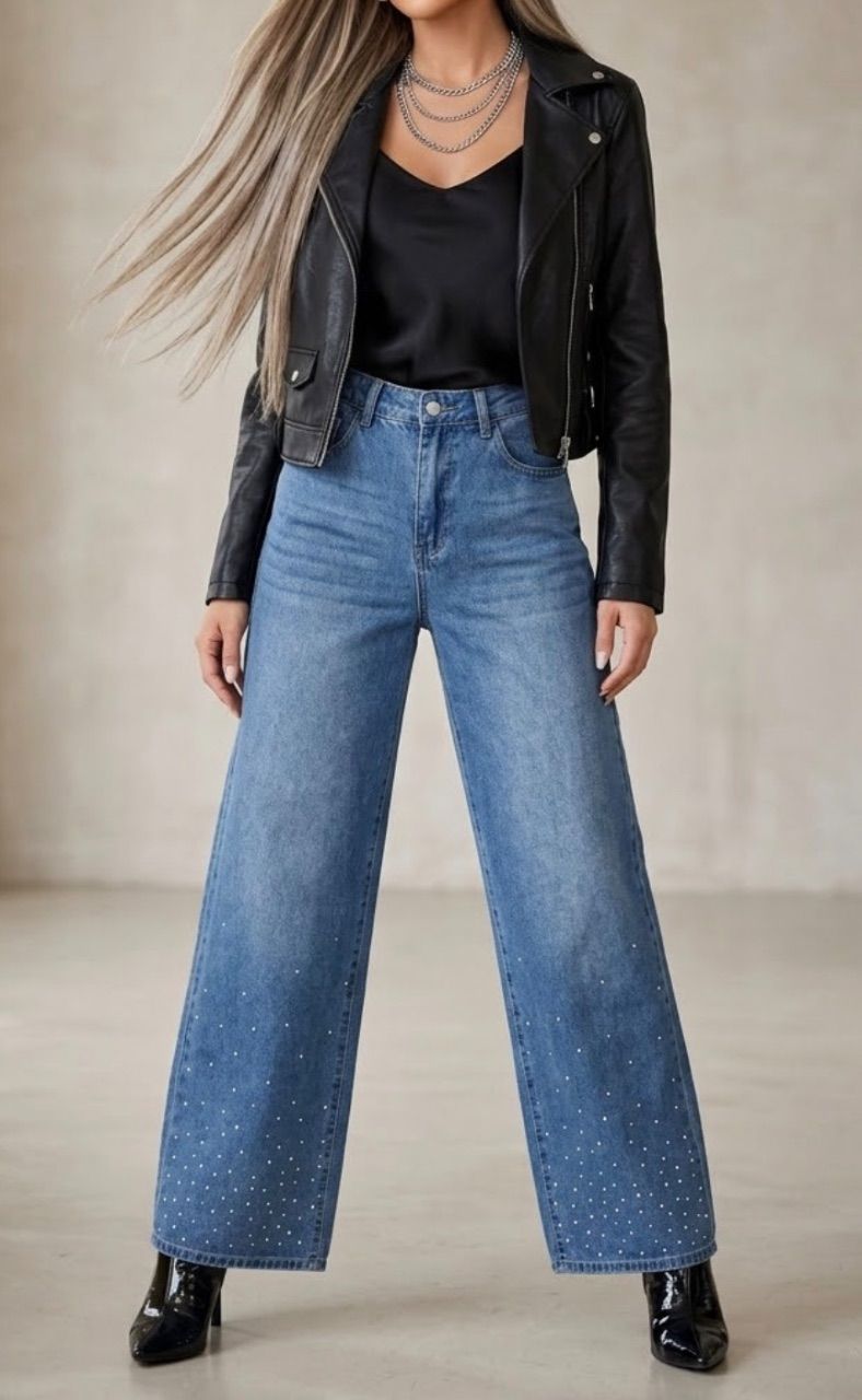 Blaue Wide-Leg Jeans mit Strass-Details