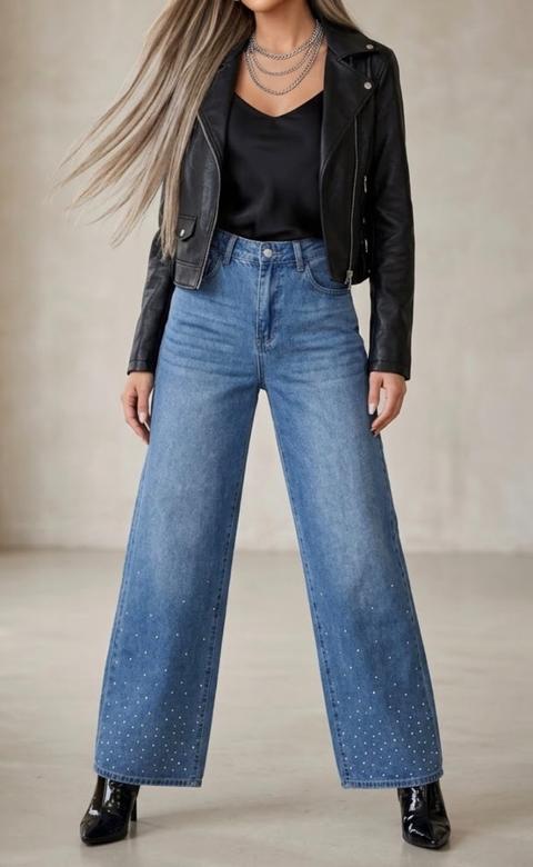 Blaue Wide-Leg Jeans mit Strass-Details
