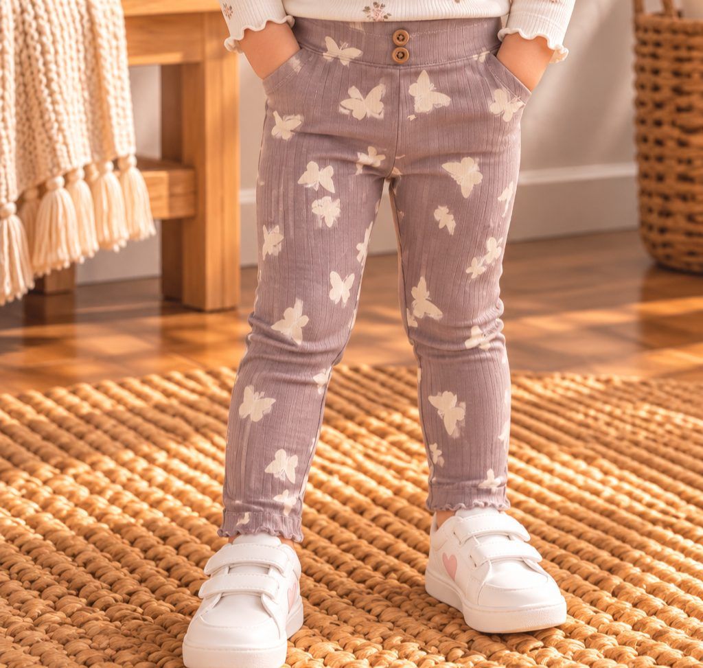 H&M Mädchen Leggings in Mauve mit Schmetterlingsmuster Size 86