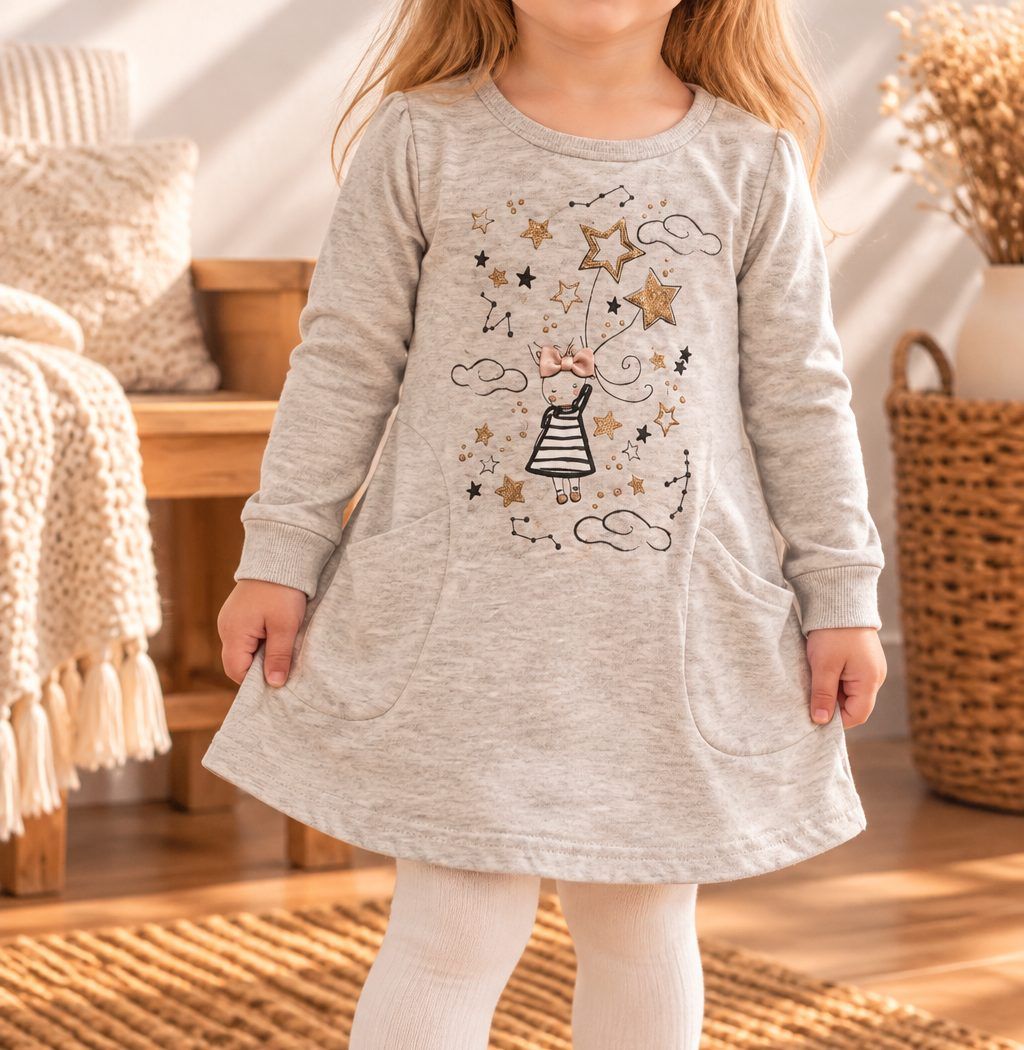 Nula Bug Mädchen Kleid Langarm Grau mit Sternen & Mädchenmotiv Size 86
